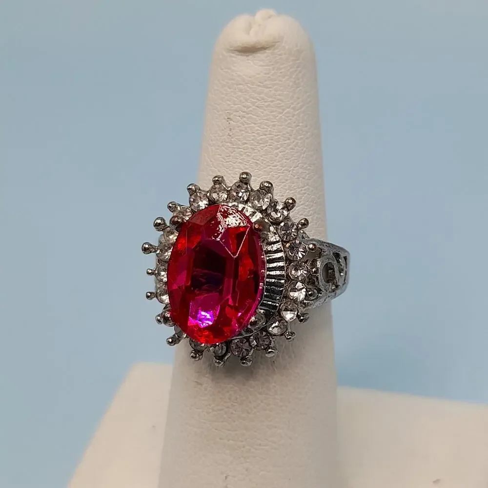 Vintage Pink Glass Cocktail Ring, Size 6.25, Clear Rhinestones, Silver Tone